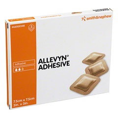 MEDICAZIONE IDROCELLULARE ADESIVA STERILE ALLEVYN ADHESIVE ALTAMENTE ASSORBENTE IN SCHIUMA DI POLIURETANO A STRUTTURA TRISTRATIFICATA 7,5X7,5CM 3 PEZZI - doctorpill.it