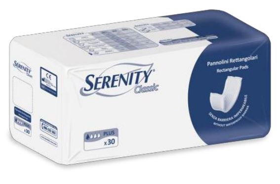 PANNOLONE PER INCONTINENZA RETTANGOLARE SENZA BARRIERA IMPERMEABILE SERENITY CLASSIC 30 PEZZI - doctorpill.it