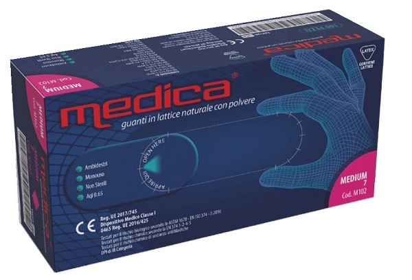 GUANTO IN LATTICE CON POLVERE LUBRIFICANTE MEDICA S 100 PEZZI - doctorpill.it