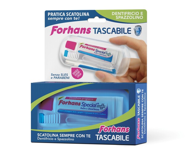 FORHANS TRAVEL KIT TASCABILE COMPOSTO DA SPAZZOLINO DA VIAGGIO + FORHANS SPECIAL PASTA DENTIFRICIA TUBETTO 12,5 ML - doctorpill.it