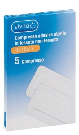 ALVITA GARZA COMPRESSA ADESIVA STERILE IN TESSUTO NON TESSUTO ESTENSIBILE BIANCO 10X15CM 5 PEZZI - doctorpill.it
