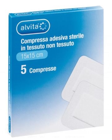 ALVITA GARZA COMPRESSA ADESIVA STERILE IN TESSUTO NON TESSUTO ESTENSIBILE BIANCO 15X15CM 5 PEZZI - doctorpill.it