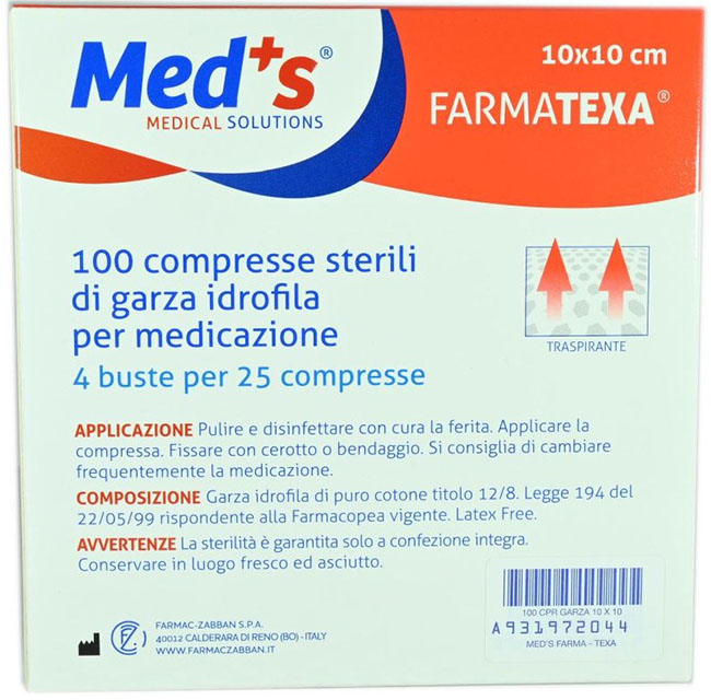 GARZA COMPRESSA IDROFILA MEDS FARMATEXA 2/8 10X10CM 100 PEZZI - doctorpill.it