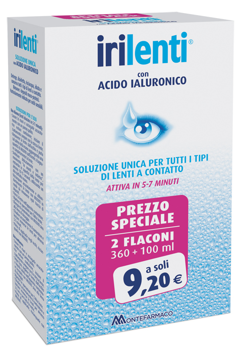 SOLUZIONE UNICA PER LENTI A CONTATTO IRILENTI CON ACIDO IALURONICO 2 FLACONI DA 360 ML + 100 ML - doctorpill.it