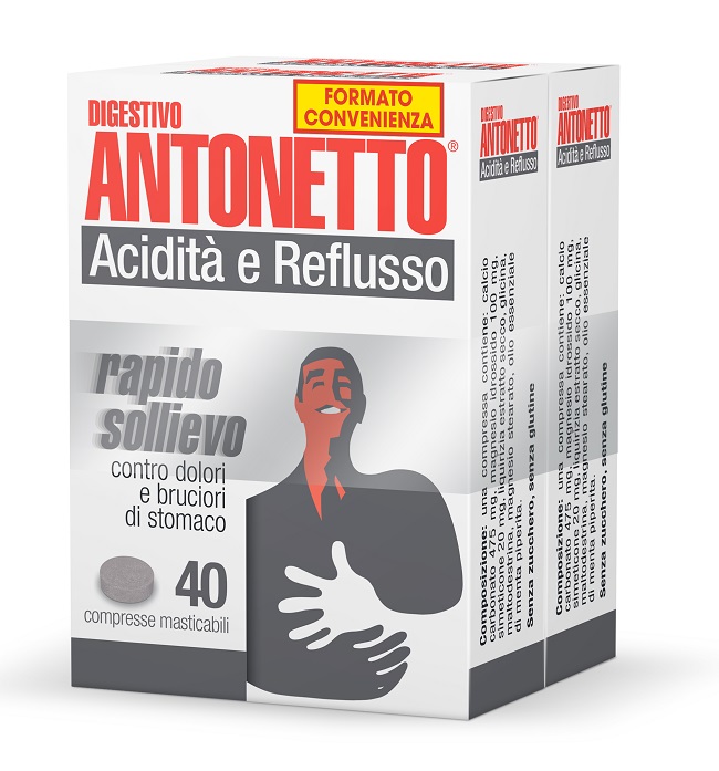 DIGESTIVO ANTONETTO ACIDITA' E REFLUSSO 80 COMPRESSE MASTICABILI 2 ASTUCCI DA 40 COMPRESSE - doctorpill.it