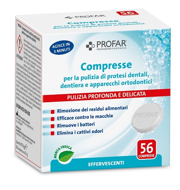 PROFAR COMPRESSE PULIZIA PROTESI DENTALI-DENTIERA-APPARECCHI ORTODONTICI 56 PEZZI - doctorpill.it