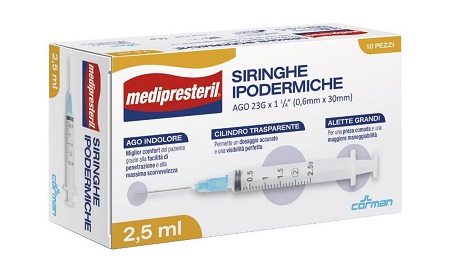 SIRINGA IPODERMICA MEDIPRESTERIL AGO 23 GAUGE 1 1/4 0,6X30MM 2,5 ML 10 PEZZI - doctorpill.it