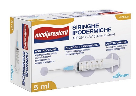 SIRINGA IPODERMICA MEDIPRESTERIL AGO 23 GAUGE 1 1/4 0,5X30MM 5 ML 10 PEZZI - doctorpill.it