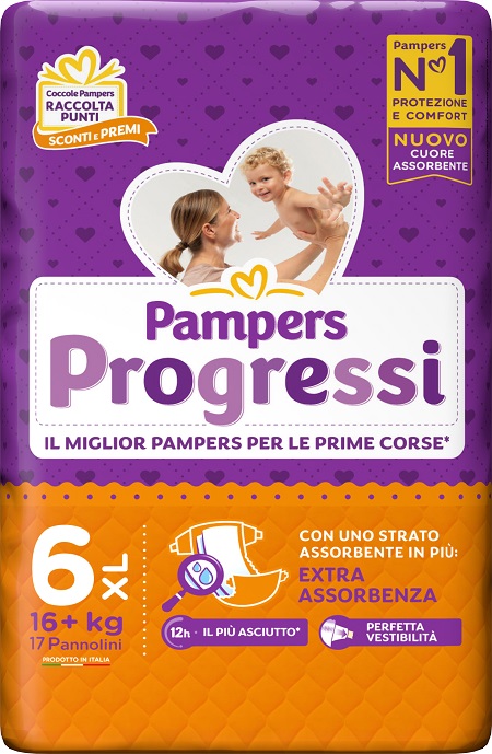 PAMPERS PROGRESSI EXTRALARGE PANNOLINO 6+ 16+KG 17 PEZZI - doctorpill.it