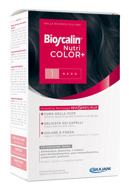 BIOSCALIN NUTRICOLOR PLUS 1 NERO CREMA COLORANTE 40 ML + RIVELATORE CREMA 60 ML + SHAMPOO 12 ML + TRATTAMENTO FINALE BALSAMO 12 ML - doctorpill.it