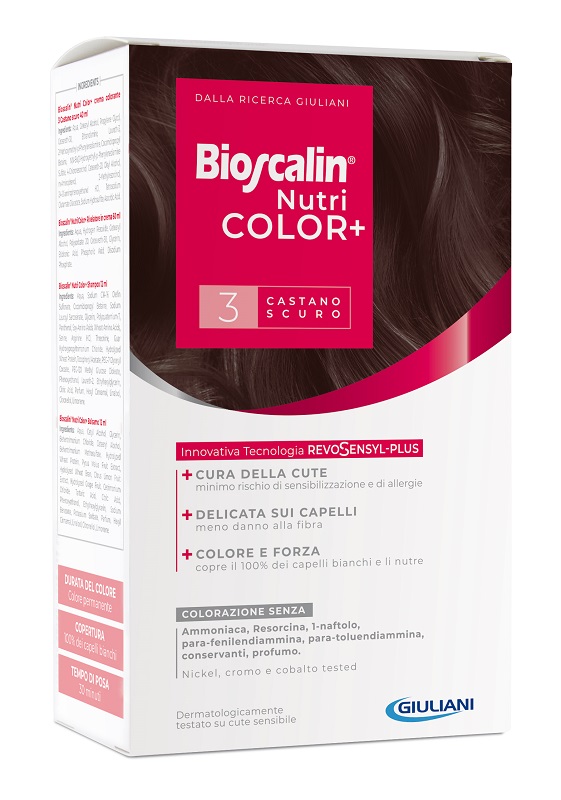 BIOSCALIN NUTRICOLOR PLUS 3 CASTANO SCURO CREMA COLORANTE 40 ML + RIVELATORE CREMA 60 ML + SHAMPOO 12 ML + TRATTAMENTO FINALE BALSAMO 12 ML - doctorpill.it