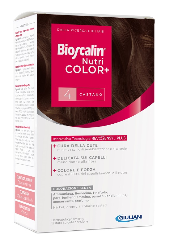 BIOSCALIN NUTRICOLOR PLUS 4 CASTANO CREMA COLORANTE 40 ML + RIVELATORE CREMA 60 ML + SHAMPOO 12 ML + TRATTAMENTO FINALE BALSAMO 12 ML - doctorpill.it