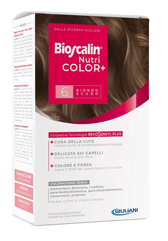 BIOSCALIN NUTRICOLOR PLUS 6 BIONDO SCURO CREMA COLORANTE 40 ML + RIVELATORE CREMA 60 ML + SHAMPOO 12 ML + TRATTAMENTO FINALE BALSAMO 12 ML - doctorpill.it