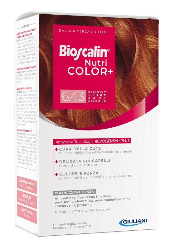 BIOSCALIN NUTRICOLOR PLUS 6,43 BIONDO SCURO RAME DORATO CREMA COLORANTE 40 ML + RIVELATORE CREMA 60 ML + SHAMPOO 12 ML + TRATTAMENTO FINALE BALSAMO 12 ML - doctorpill.it