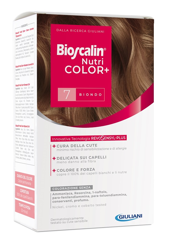 BIOSCALIN NUTRICOLOR PLUS 7 BIONDO CREMA COLORANTE 40 ML + RIVELATORE CREMA 60 ML + SHAMPOO 12 ML + TRATTAMENTO FINALE BALSAMO 12 ML - doctorpill.it