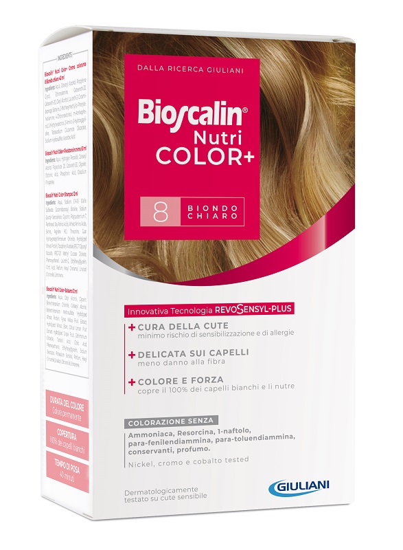 BIOSCALIN NUTRICOLOR PLUS 8 BIONDO CHIARO CREMA COLORANTE 40 ML + RIVELATORE CREMA 60 ML + SHAMPOO 12 ML + TRATTAMENTO FINALE BALSAMO 12 ML - doctorpill.it