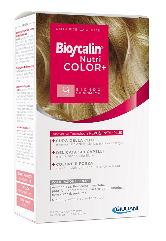 BIOSCALIN NUTRICOLOR PLUS 9 BIONDO CHIARISSIMO CREMA COLORANTE 40 ML + RIVELATORE CREMA 60 ML + SHAMPOO 12 ML + TRATTAMENTO FINALE BALSAMO 12 ML - doctorpill.it