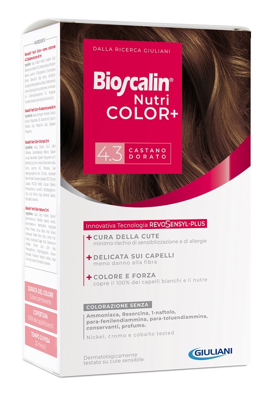 BIOSCALIN NUTRICOLOR PLUS 4,3 CASTANO DORATO CREMA COLORANTE 40 ML + RIVELATORE CREMA 60 ML + SHAMPOO 12 ML + TRATTAMENTO FINALE BALSAMO 12 ML - doctorpill.it