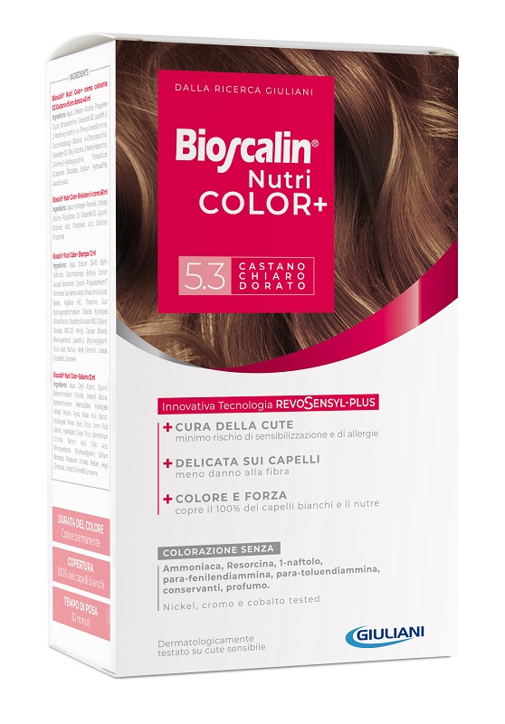 BIOSCALIN NUTRICOLOR PLUS 5,3 CASTANO CHIARO DORATO CREMA COLORANTE 40 ML + RIVELATORE CREMA 60 ML + SHAMPOO 12 ML + TRATTAMENTO FINALE BALSAMO 12 ML - doctorpill.it