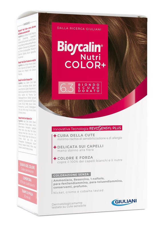 BIOSCALIN NUTRICOLOR PLUS 6,3 BIONDO SCURO DORATO CREMA COLORANTE 40 ML + RIVELATORE CREMA 60 ML + SHAMPOO 12 ML + TRATTAMENTO FINALE BALSAMO 12 ML - doctorpill.it