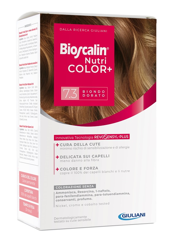 BIOSCALIN NUTRICOLOR PLUS 7,3 BIONDO DORATO CREMA COLORANTE 40 ML + RIVELATORE CREMA 60 ML + SHAMPOO 12 ML + TRATTAMENTO FINALE BALSAMO 12 ML - doctorpill.it