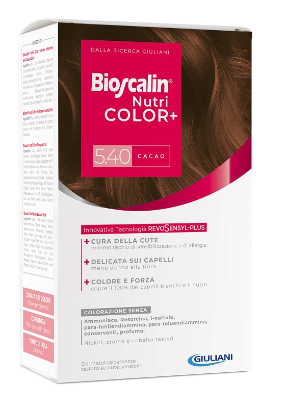 BIOSCALIN NUTRICOLOR PLUS 5,40 CACAO CREMA COLORANTE 40 ML + RIVELATORE CREMA 60 ML + SHAMPOO 12 ML + TRATTAMENTO FINALE BALSAMO 12 ML - doctorpill.it