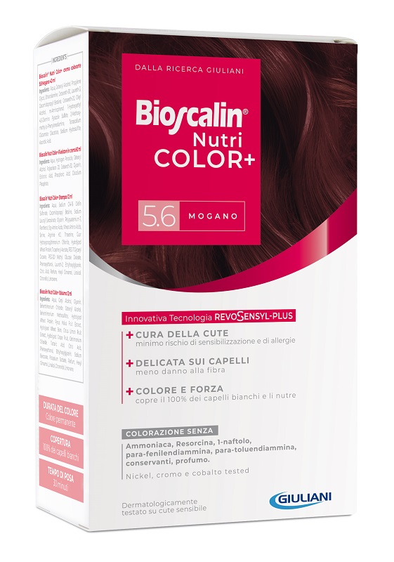 BIOSCALIN NUTRICOLOR PLUS 5,6 MOGANO CREMA COLORANTE 40 ML + RIVELATORE CREMA 60 ML + SHAMPOO 12 ML + TRATTAMENTO FINALE BALSAMO 12 ML - doctorpill.it
