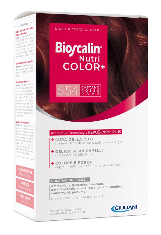 BIOSCALIN NUTRICOLOR PLUS 5,54 CASTANO ROSSO RAME CREMA COLORANTE 40 ML + RIVELATORE CREMA 60 ML + SHAMPOO 12 ML + TRATTAMENTO FINALE BALSAMO 12 ML - doctorpill.it