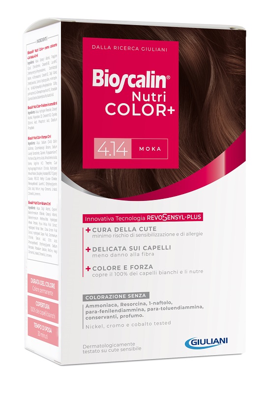 BIOSCALIN NUTRICOLOR PLUS 4,14 MOKA CREMA COLORANTE 40 ML + RIVELATORE CREMA 60 ML + SHAMPOO 12 ML + TRATTAMENTO FINALE BALSAMO 12 ML - doctorpill.it