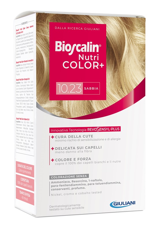 BIOSCALIN NUTRICOLOR PLUS 10,23 SABBIA CREMA COLORANTE 40 ML + RIVELATORE CREMA 60 ML + SHAMPOO 12 ML + TRATTAMENTO FINALE BALSAMO 12 ML - doctorpill.it