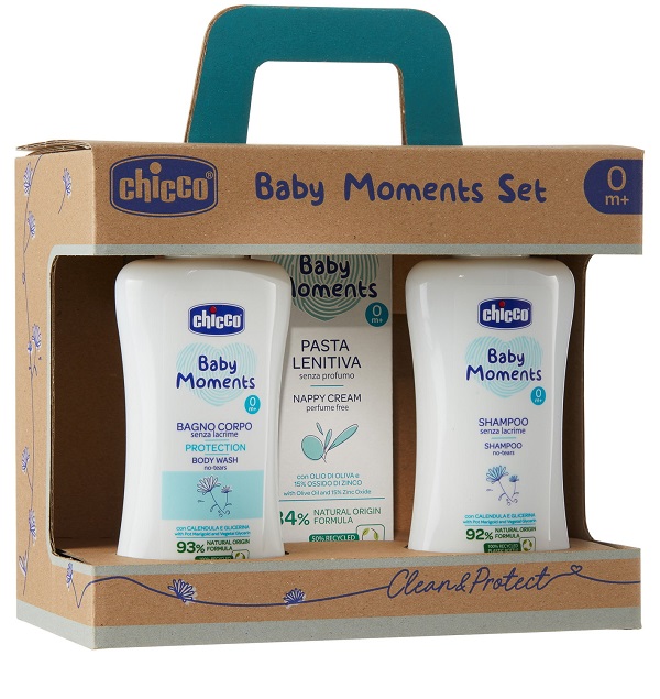 CHICCO BABY MOMENTS SET BAGNOCHIUMA PELLI DELICATE 200 ML + SHAMPOO PELLI DELICATE 200 ML + PASTA CAMBIO PELLI DELICATE 100 ML - doctorpill.it