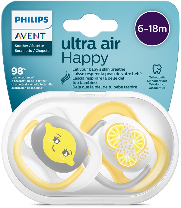 AVENT ULTRA AIR CIUCCIO ORTODONTICO 6-18 MESI NEUTRO/LIMONI 2 PEZZI - doctorpill.it